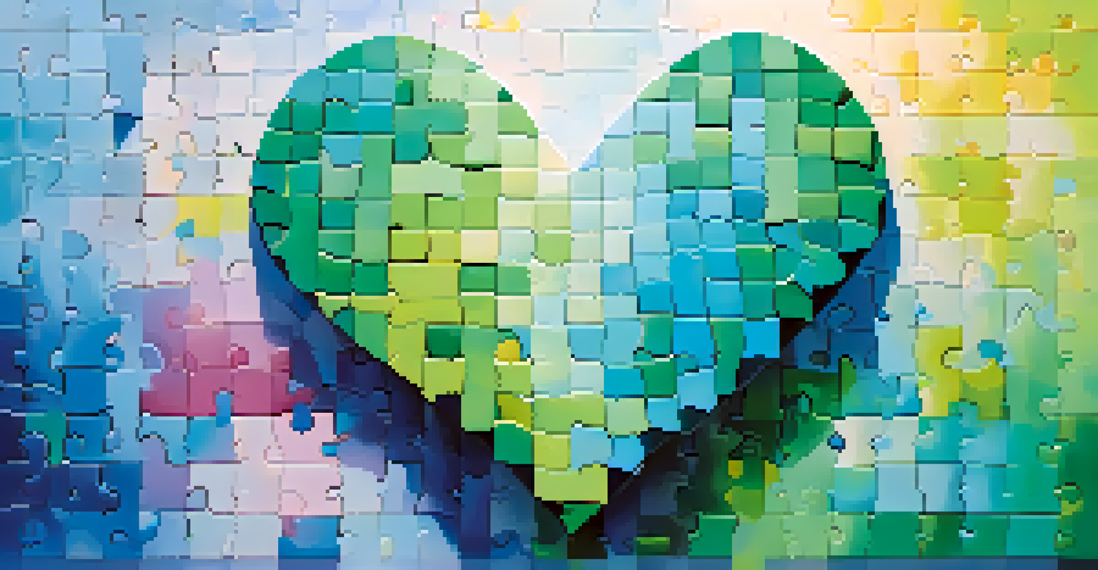 An abstract heart made of colorful puzzle pieces symbolizing emotions like love and forgiveness, set against a calming blue and green background.