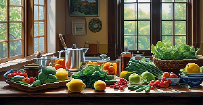 A kitchen with fresh fruits and vegetables on a wooden table and a person preparing a healthy meal with morning light coming through the window.