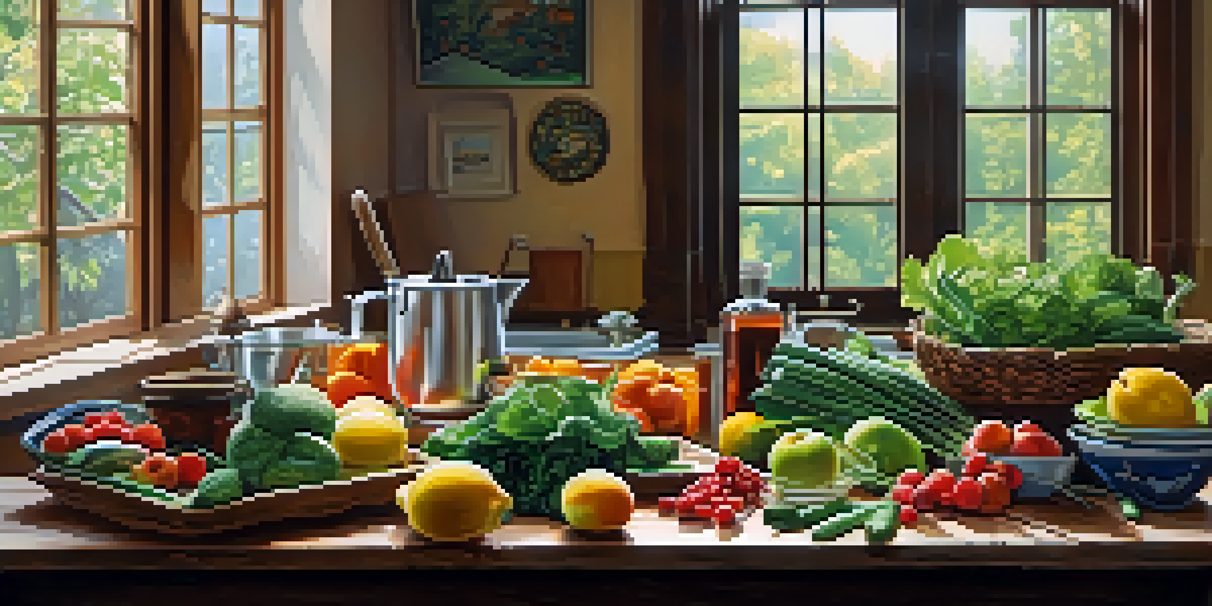 A kitchen with fresh fruits and vegetables on a wooden table and a person preparing a healthy meal with morning light coming through the window.