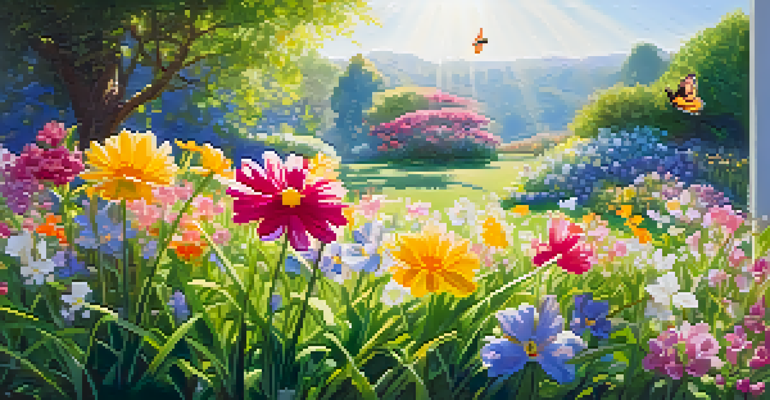 A vibrant garden in spring with colorful flowers and sunlight.