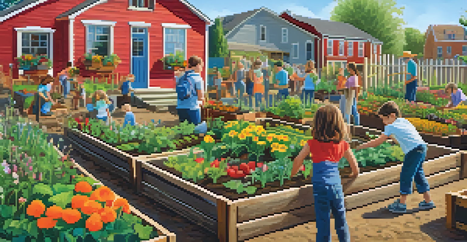 A lively community garden with people planting and children playing, surrounded by colorful flowers and vegetables.