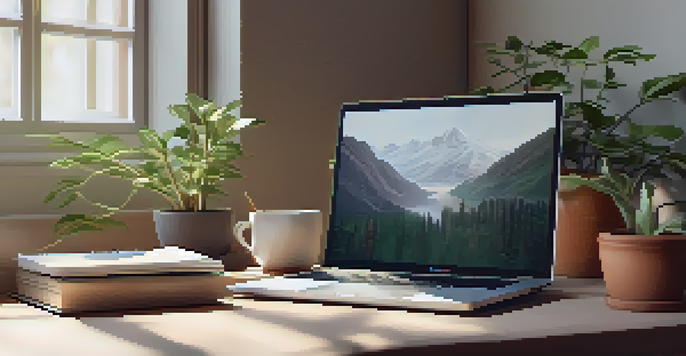 A peaceful workspace with a laptop, a cup of herbal tea, and a small plant, illuminated by soft natural light.