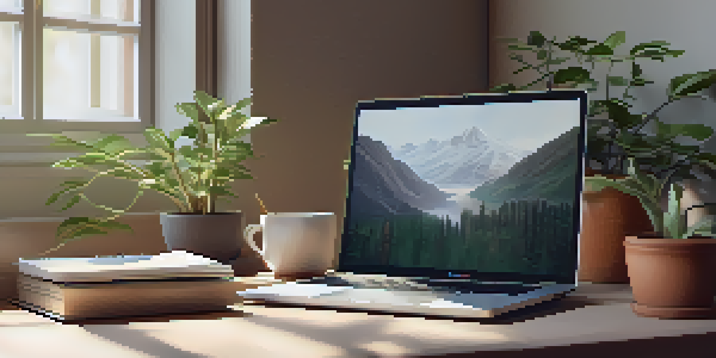 A peaceful workspace with a laptop, a cup of herbal tea, and a small plant, illuminated by soft natural light.