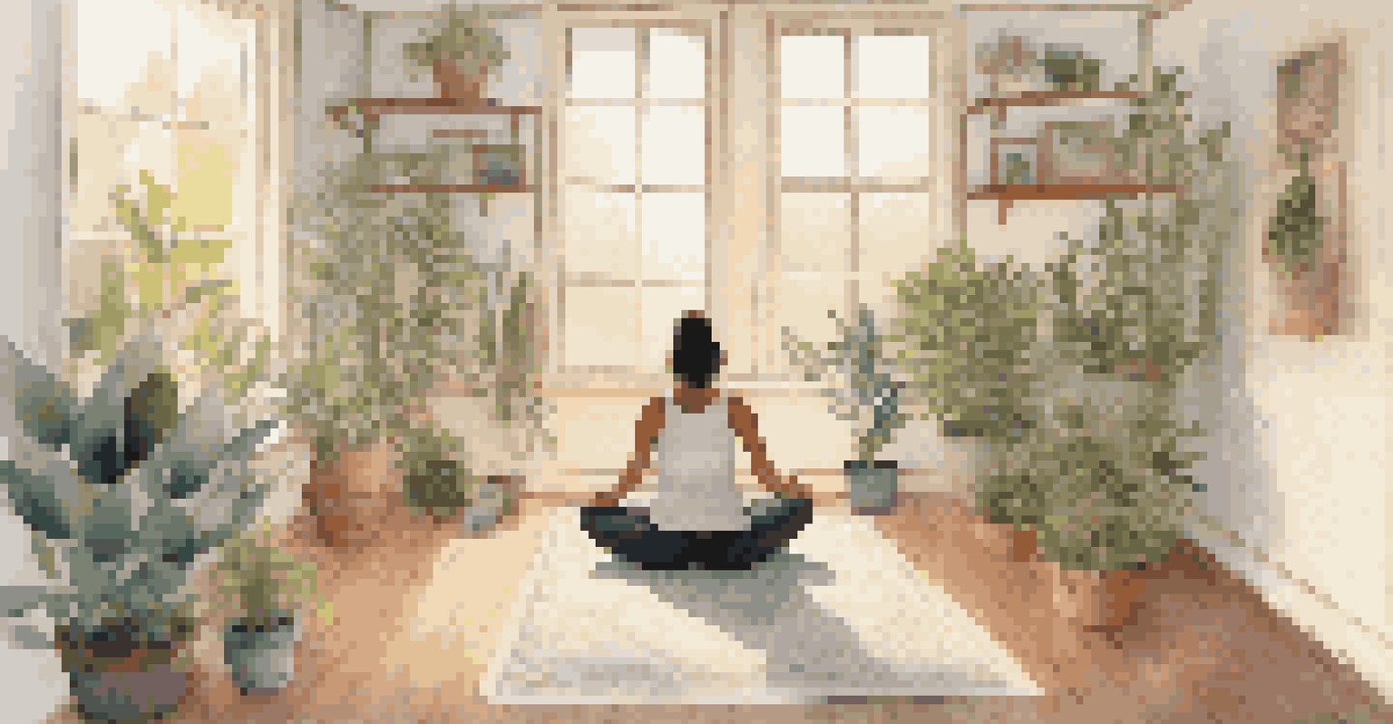 A person practicing yoga in a cozy room filled with natural light, surrounded by plants and candles, with an open journal nearby.