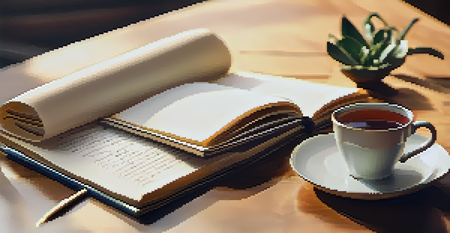 A close-up of an open gratitude journal with handwritten notes on a wooden desk, accompanied by a cup of tea and a small plant.