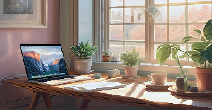 A cozy home office with a wooden desk, laptop, and tea, bathed in natural sunlight.