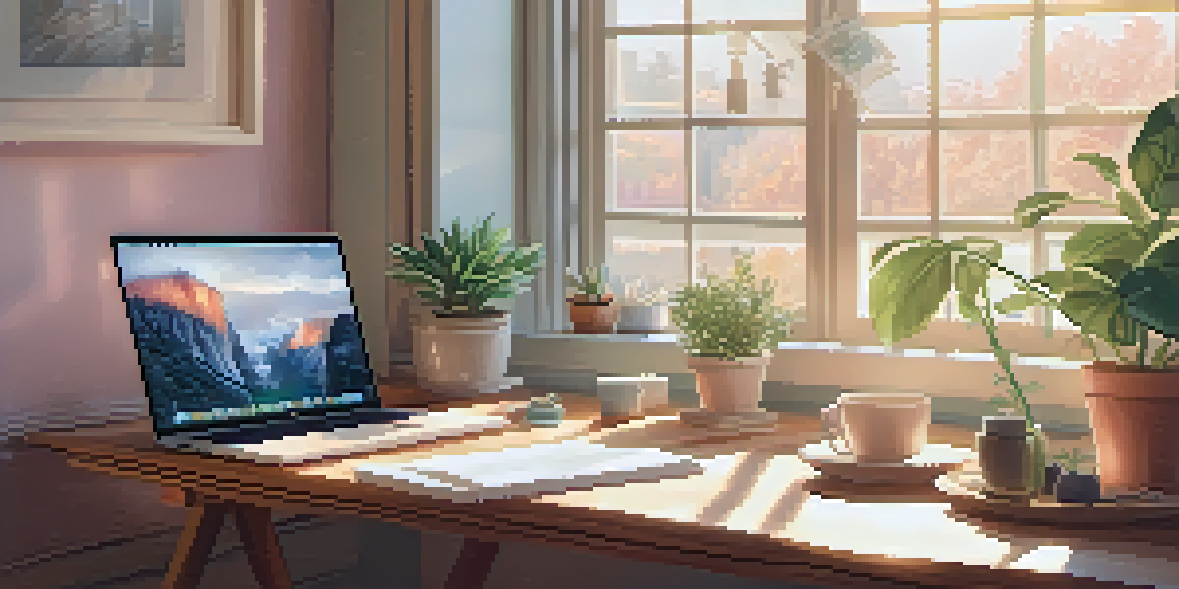 A cozy home office with a wooden desk, laptop, and tea, bathed in natural sunlight.