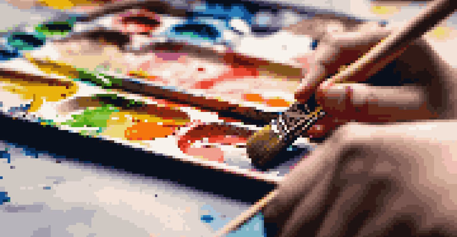 A close-up of a student's hands holding a paintbrush over a colorful canvas, with blurred artistic tools in the background.
