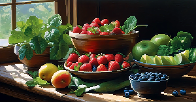 A colorful bowl of mixed fresh fruits including strawberries, blueberries, and kiwi, alongside leafy greens like spinach and kale on a rustic wooden table with soft natural lighting.