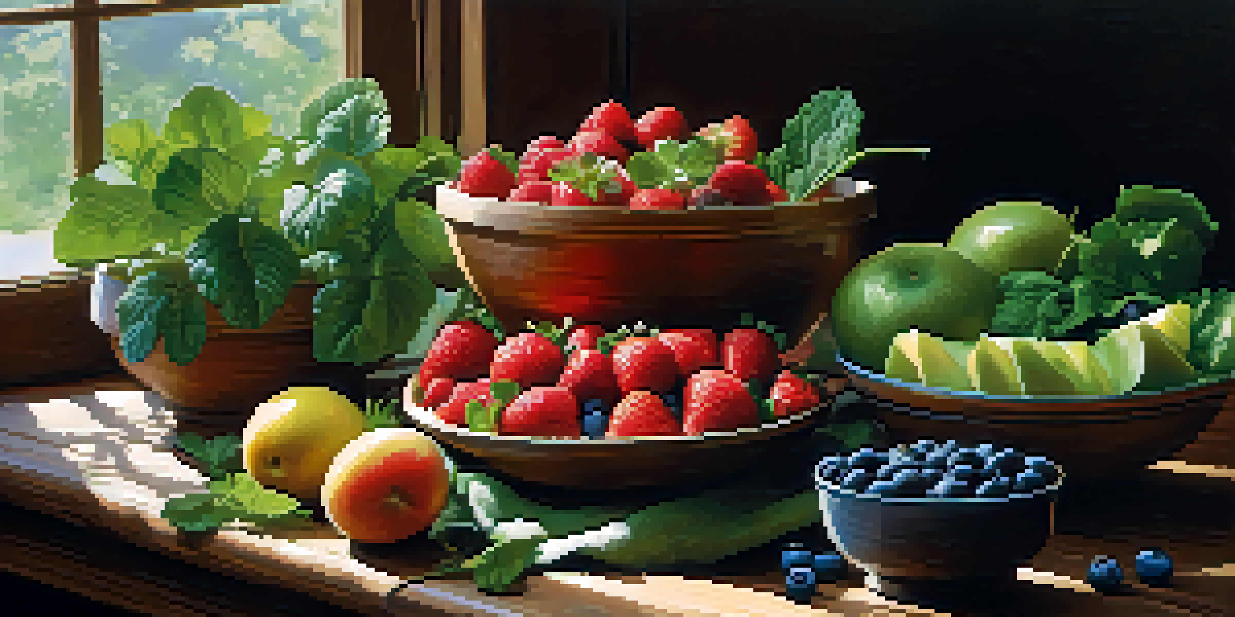A colorful bowl of mixed fresh fruits including strawberries, blueberries, and kiwi, alongside leafy greens like spinach and kale on a rustic wooden table with soft natural lighting.