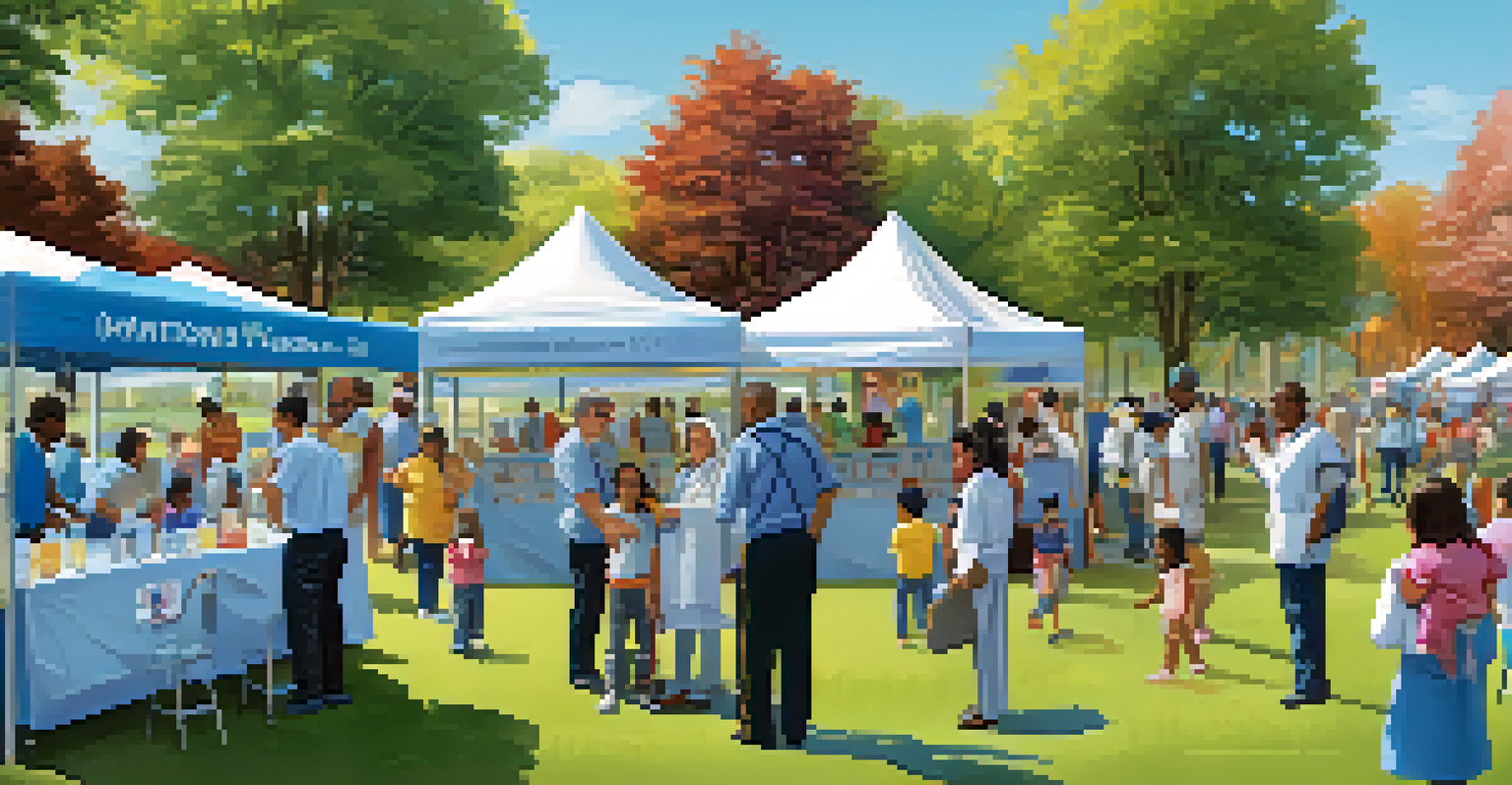 A vibrant community vaccination day in a park, with a physician giving vaccines to families under bright banners.