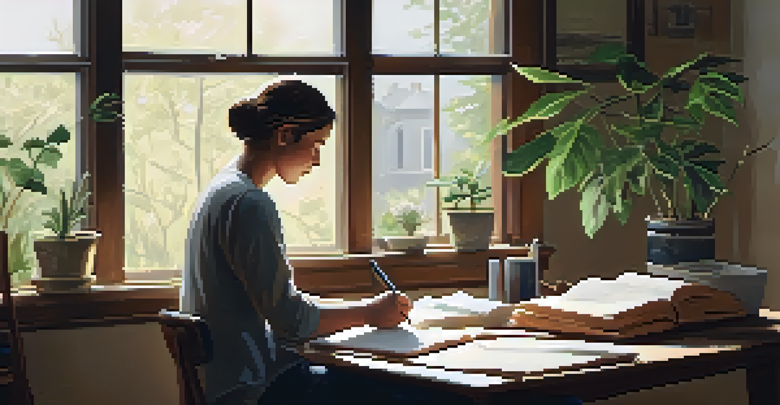 An individual writing in a journal at a cozy desk with plants and creative supplies in a warmly lit room.