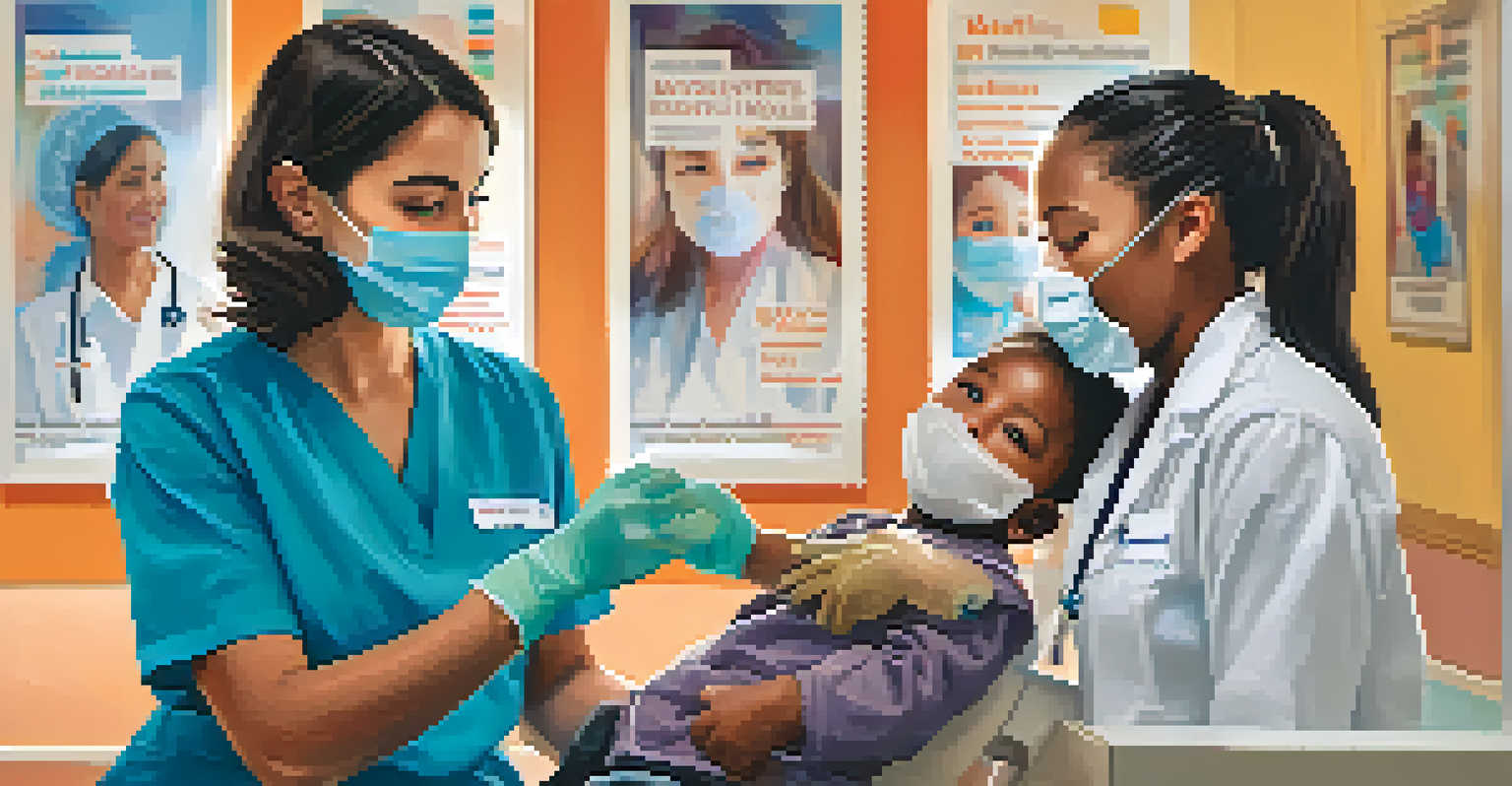 A healthcare worker giving a vaccine to a child in a welcoming clinic, with colorful posters about vaccines in the background.