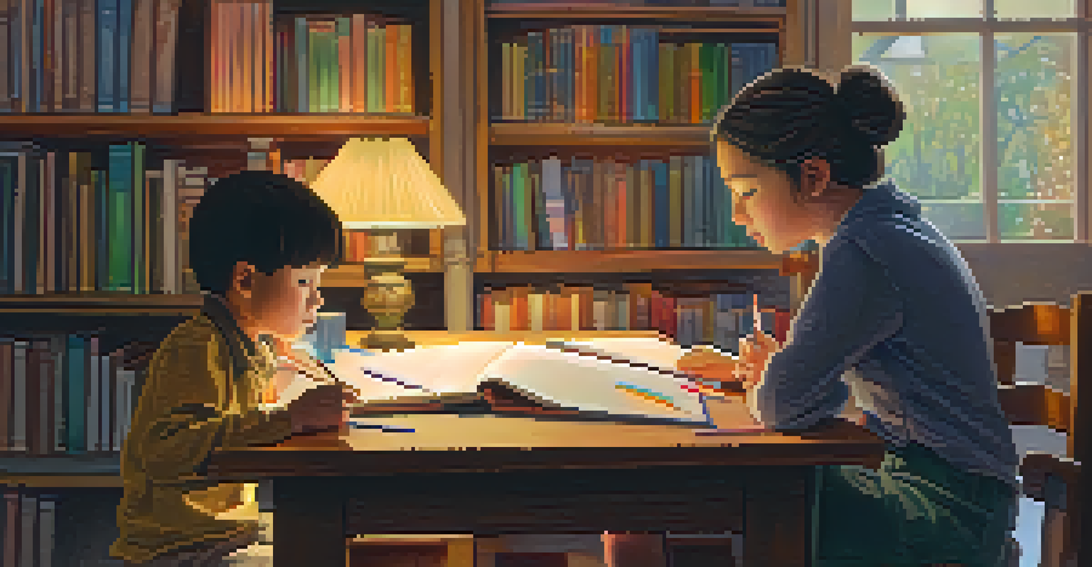 A parent and child sitting at a table in a cozy room, surrounded by art supplies, with the parent listening attentively to the child drawing.
