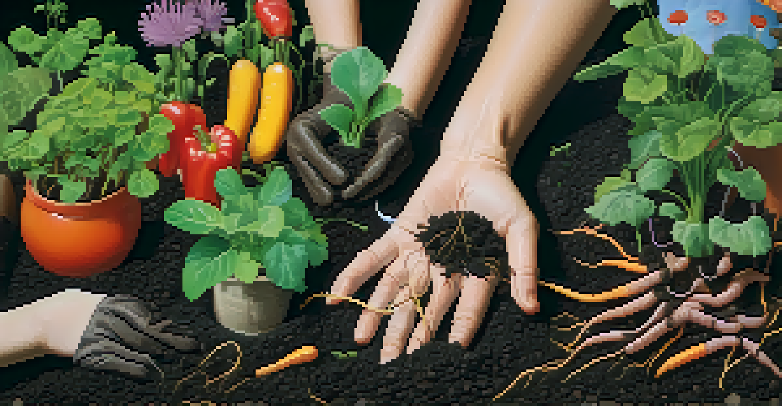 Close-up of hands digging into soil, with emerging green shoots and colorful garden in the background.