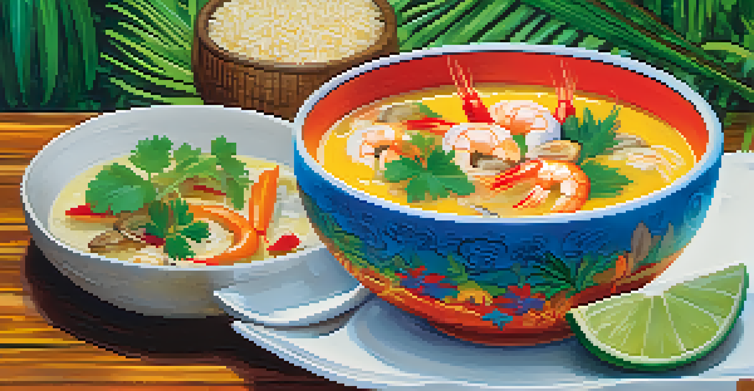 A bowl of Thai coconut soup with shrimp and vegetables, garnished with cilantro, served with jasmine rice against a tropical backdrop.