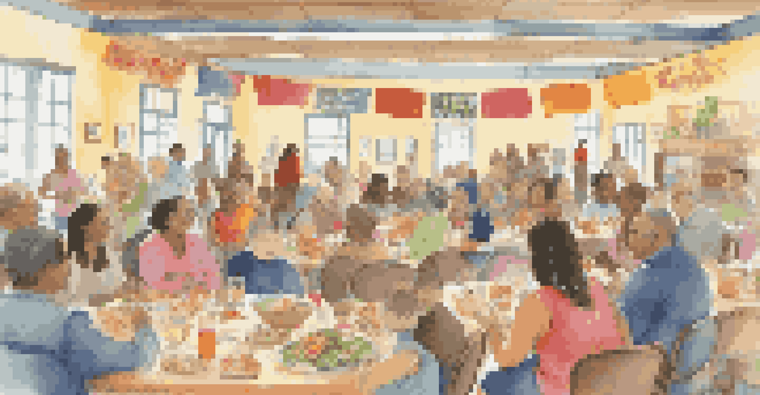 A colorful community potluck with people sharing diverse cultural dishes in a festive atmosphere.