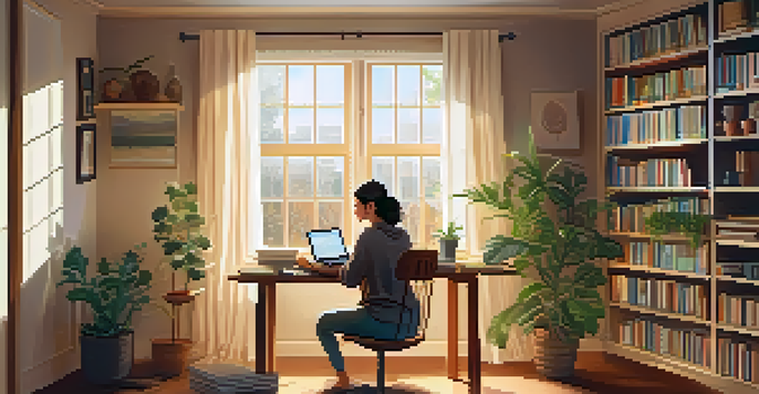 A young adult focused on budgeting at a desk in a cozy apartment with a laptop and books around them.