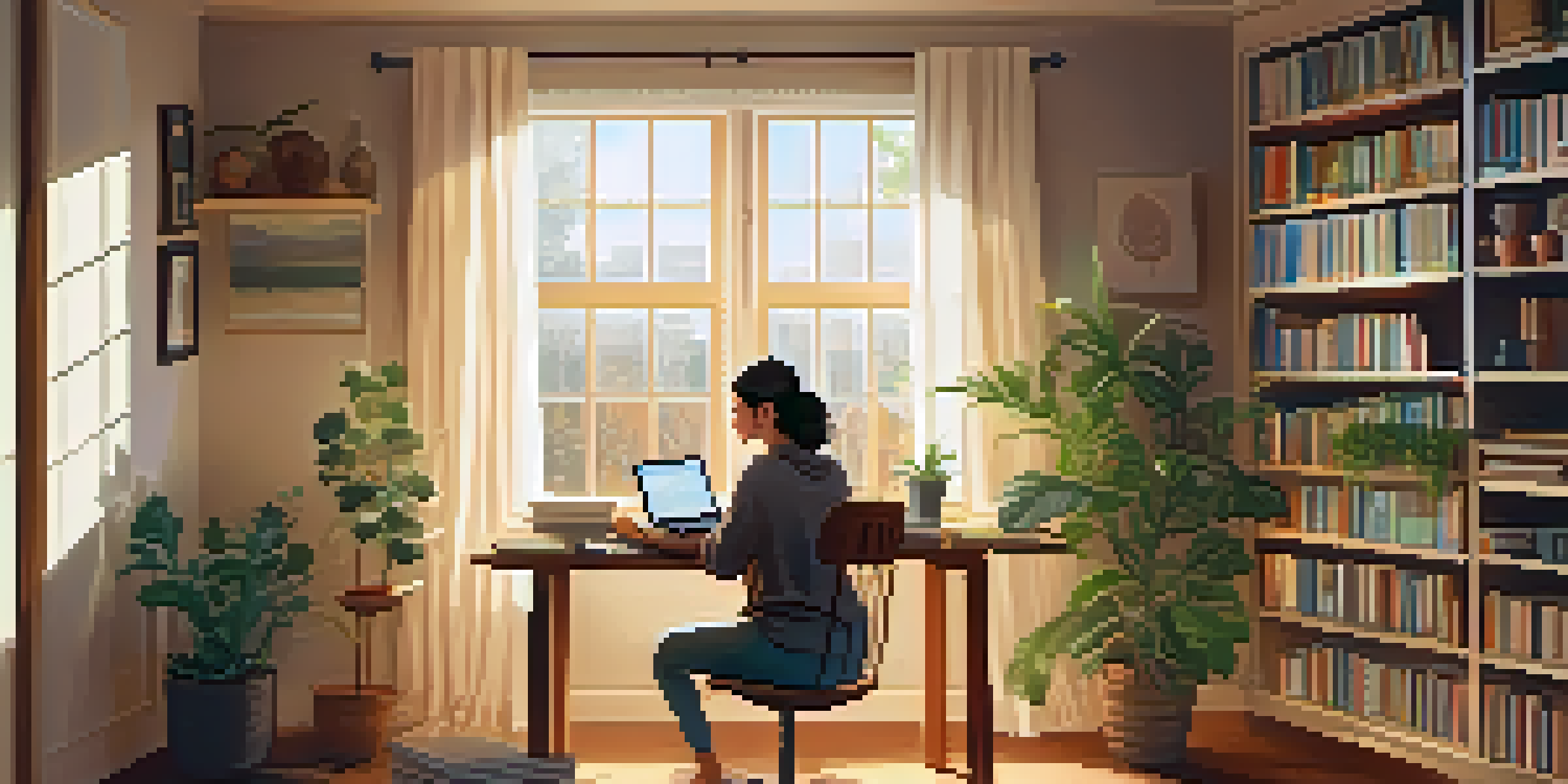 A young adult focused on budgeting at a desk in a cozy apartment with a laptop and books around them.