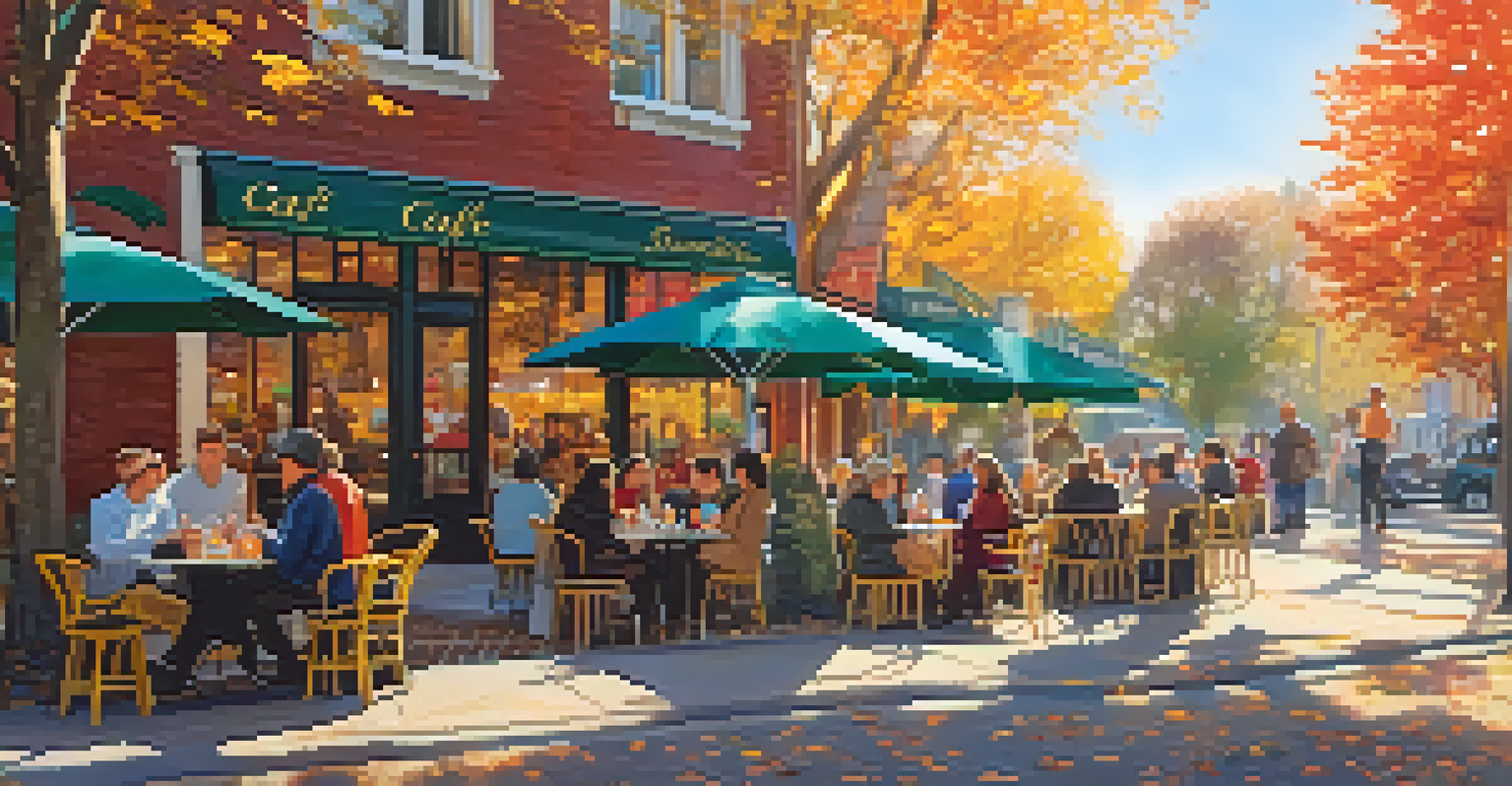 An outdoor café with customers enjoying drinks surrounded by colorful autumn leaves and warm sunlight.