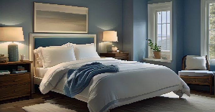 A cozy bedroom with soft white sheets, a fluffy blanket, a bedside lamp, and a humidifier, creating a calm atmosphere.
