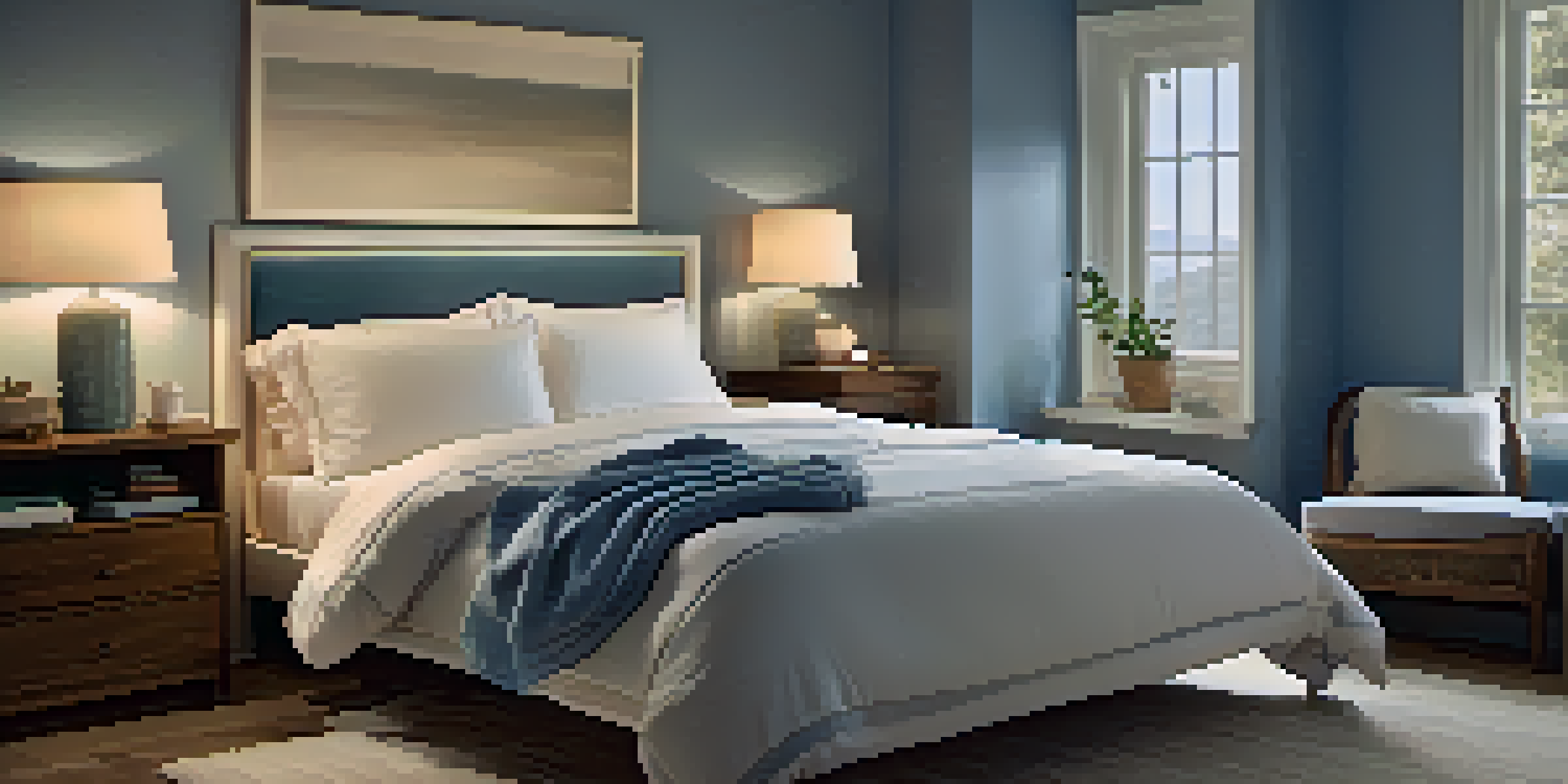 A cozy bedroom with soft white sheets, a fluffy blanket, a bedside lamp, and a humidifier, creating a calm atmosphere.