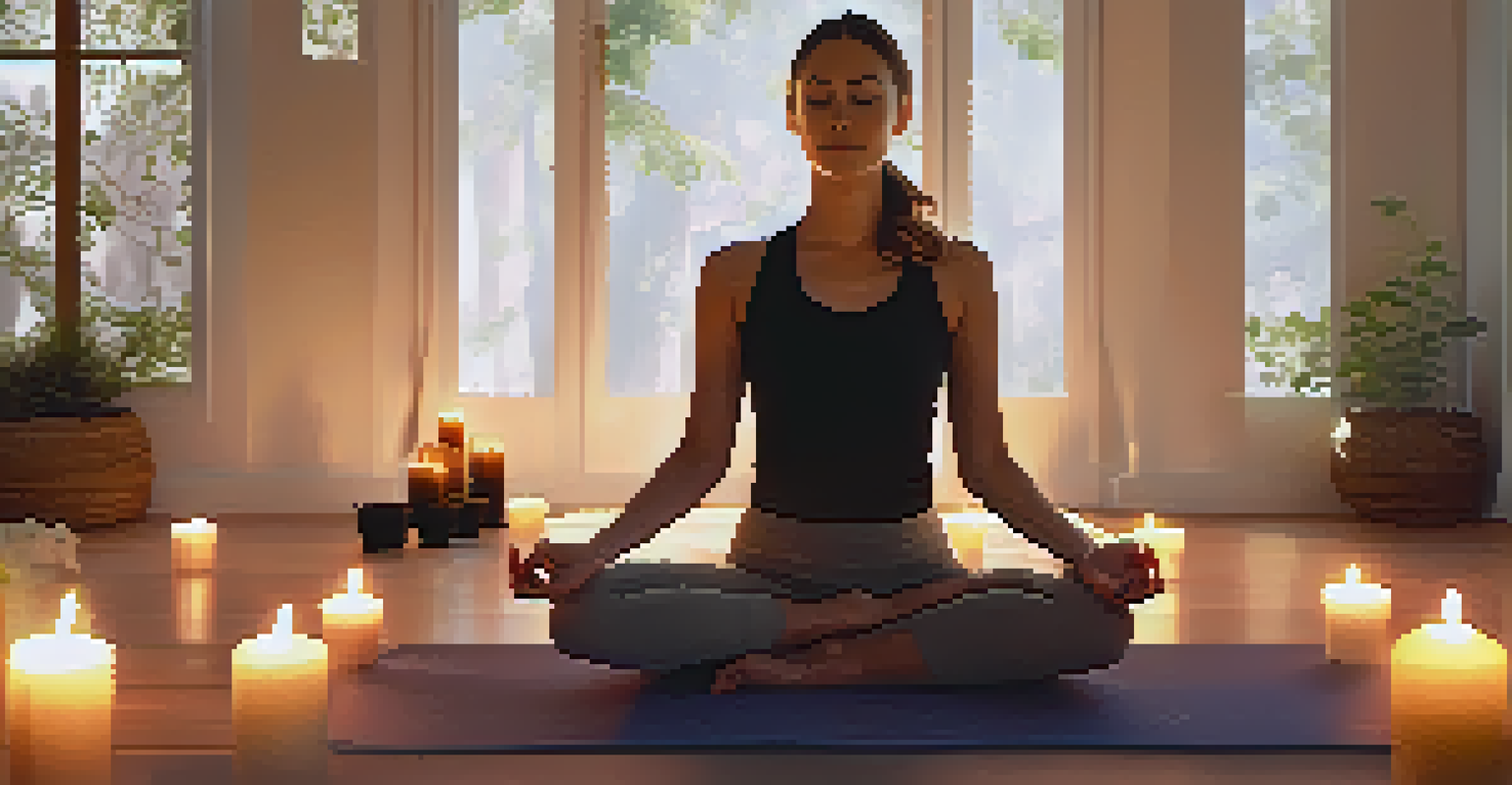 A person meditating on a yoga mat in a sunlit room with candles and essential oils, surrounded by positive affirmation cards.
