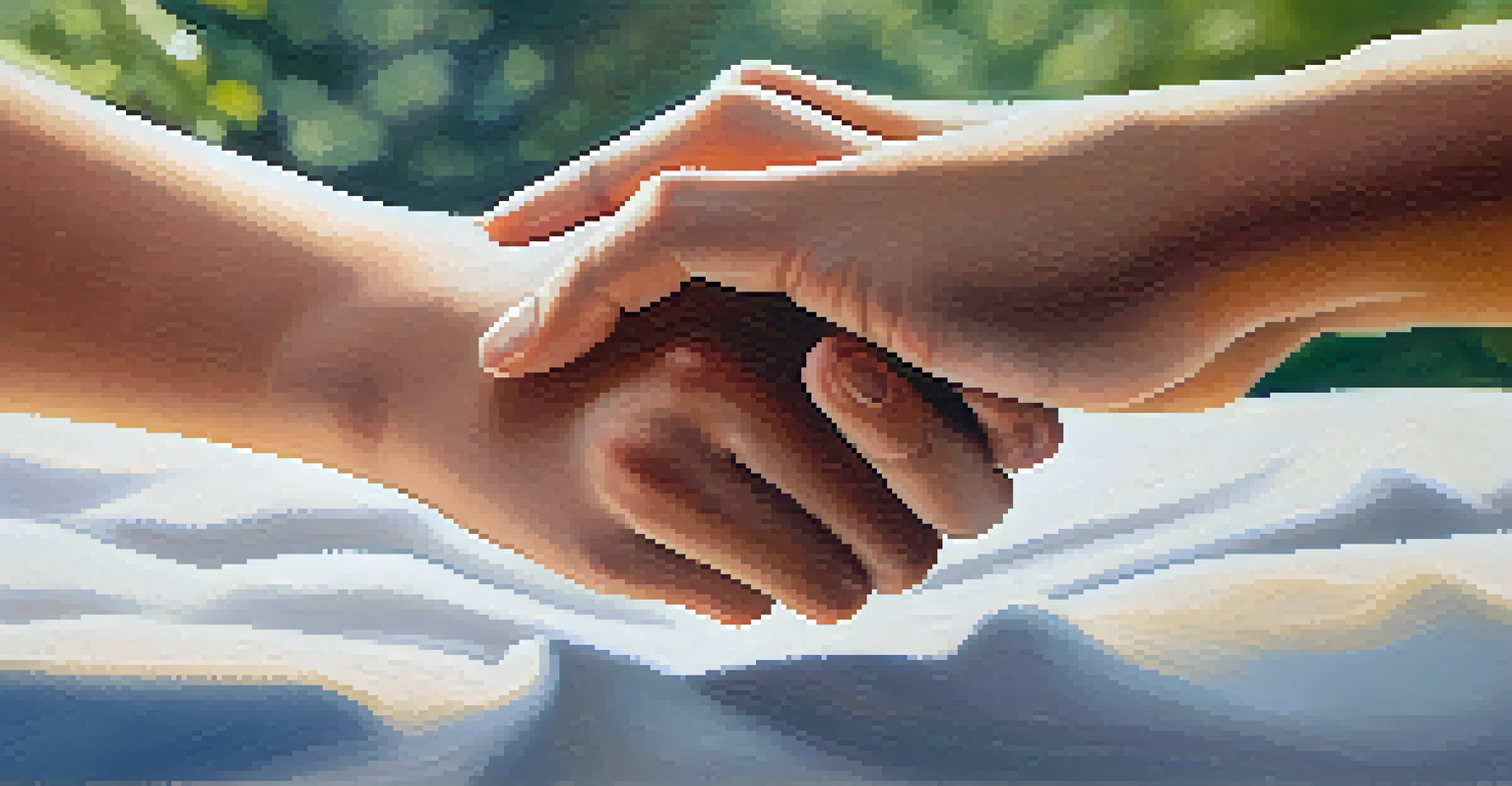 A close-up of two hands clasped together, representing trust and support in a comforting environment.