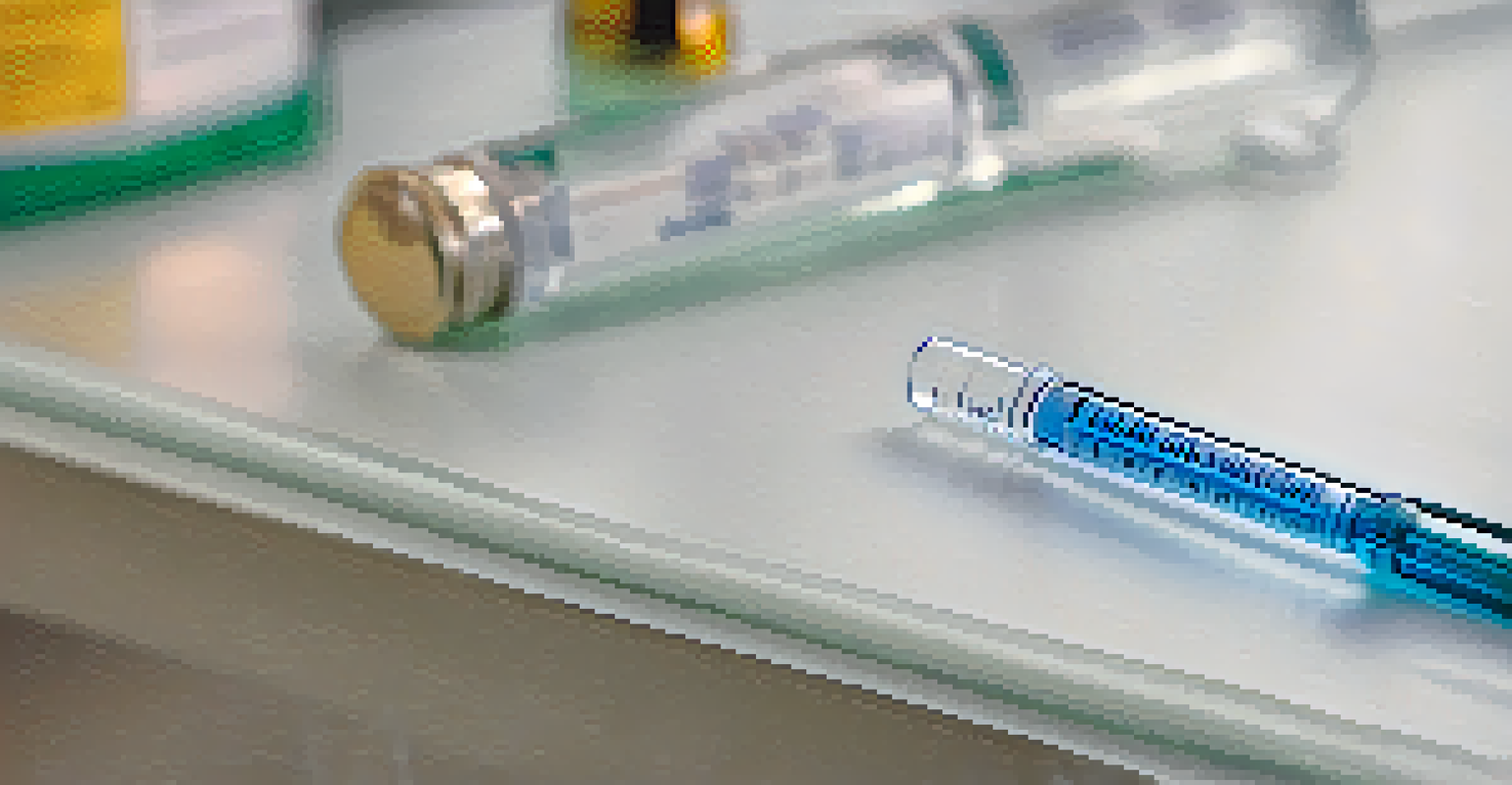 A close-up of a vaccine vial and syringe on a medical table in a clinical environment.