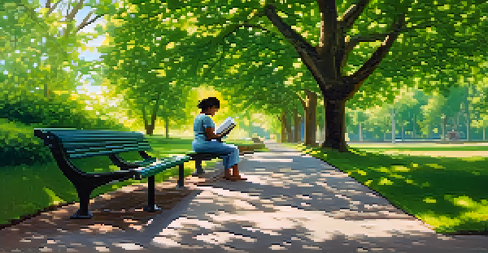A person reading a book on a park bench surrounded by green trees and sunlight.