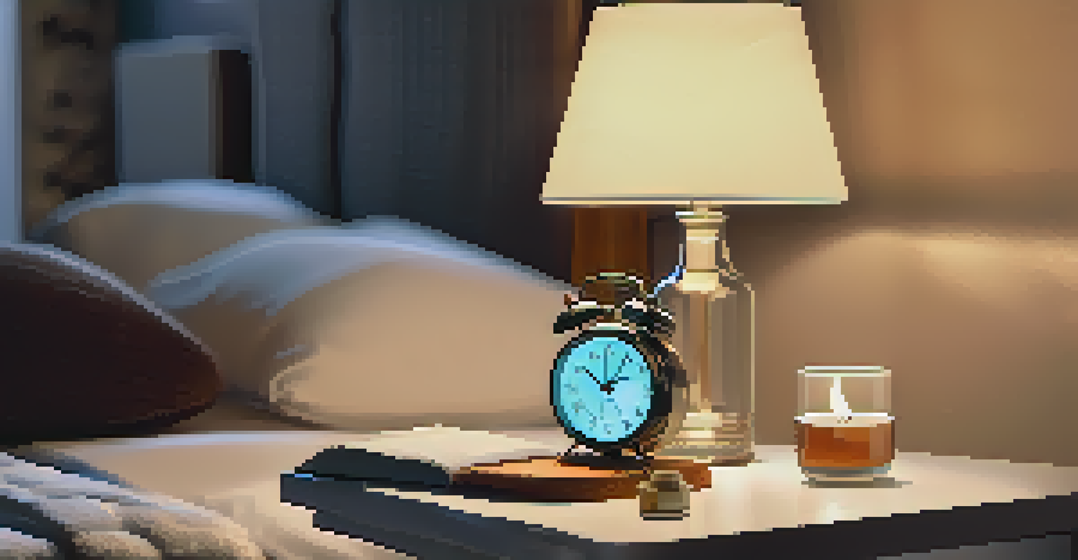 A bedside table with an alarm clock, water glass, and book, next to a comfortable bed, emphasizing a peaceful sleep environment.