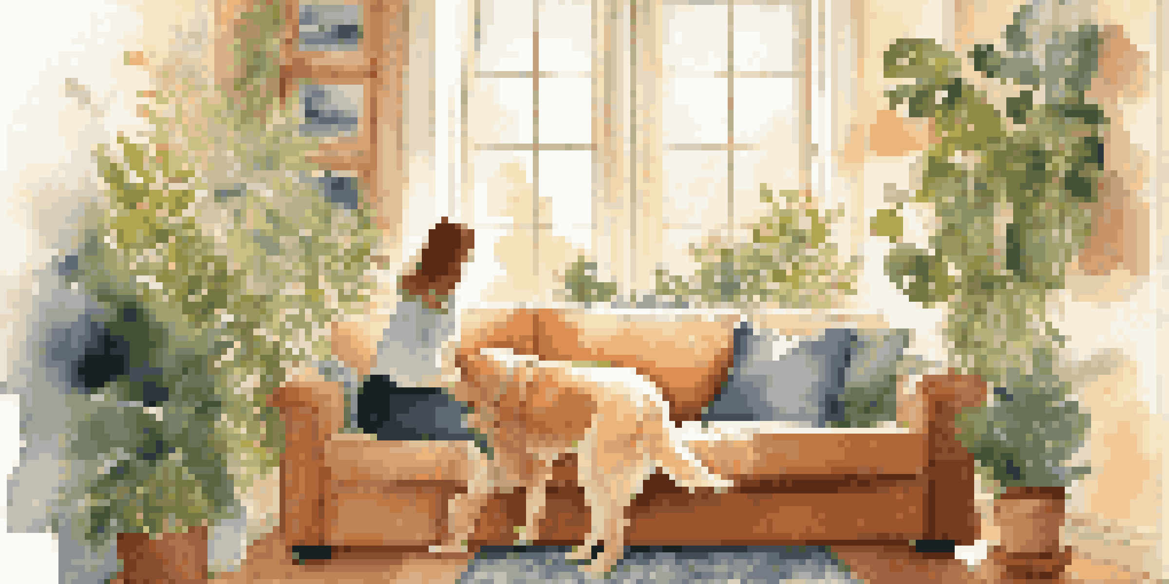 A person sitting on a couch, petting a golden retriever in a sunlit living room filled with plants.
