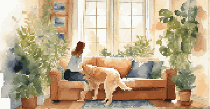 A person sitting on a couch, petting a golden retriever in a sunlit living room filled with plants.