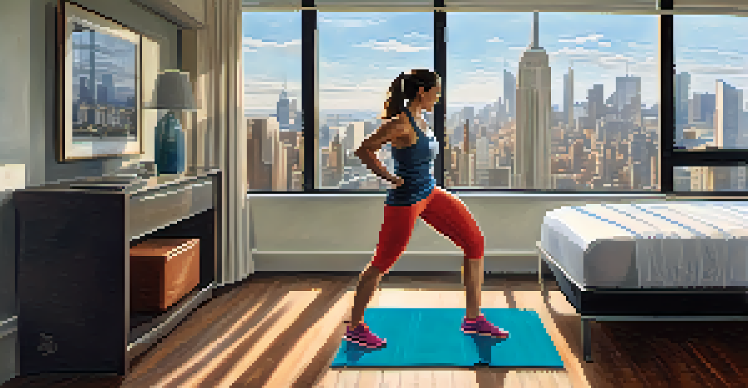A traveler doing a high-intensity workout in a hotel room, with a suitcase and city skyline visible.