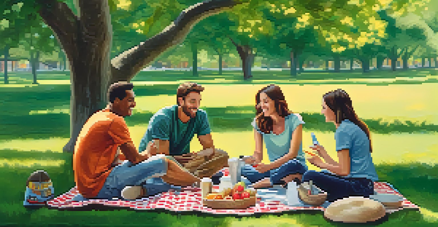 A group of friends sitting on a picnic blanket in a park, sharing food and enjoying each other's company.