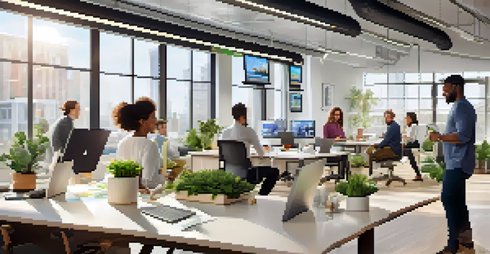A diverse group of employees in a bright office space discussing digital health tools and wellness goals, surrounded by plants and motivational posters.
