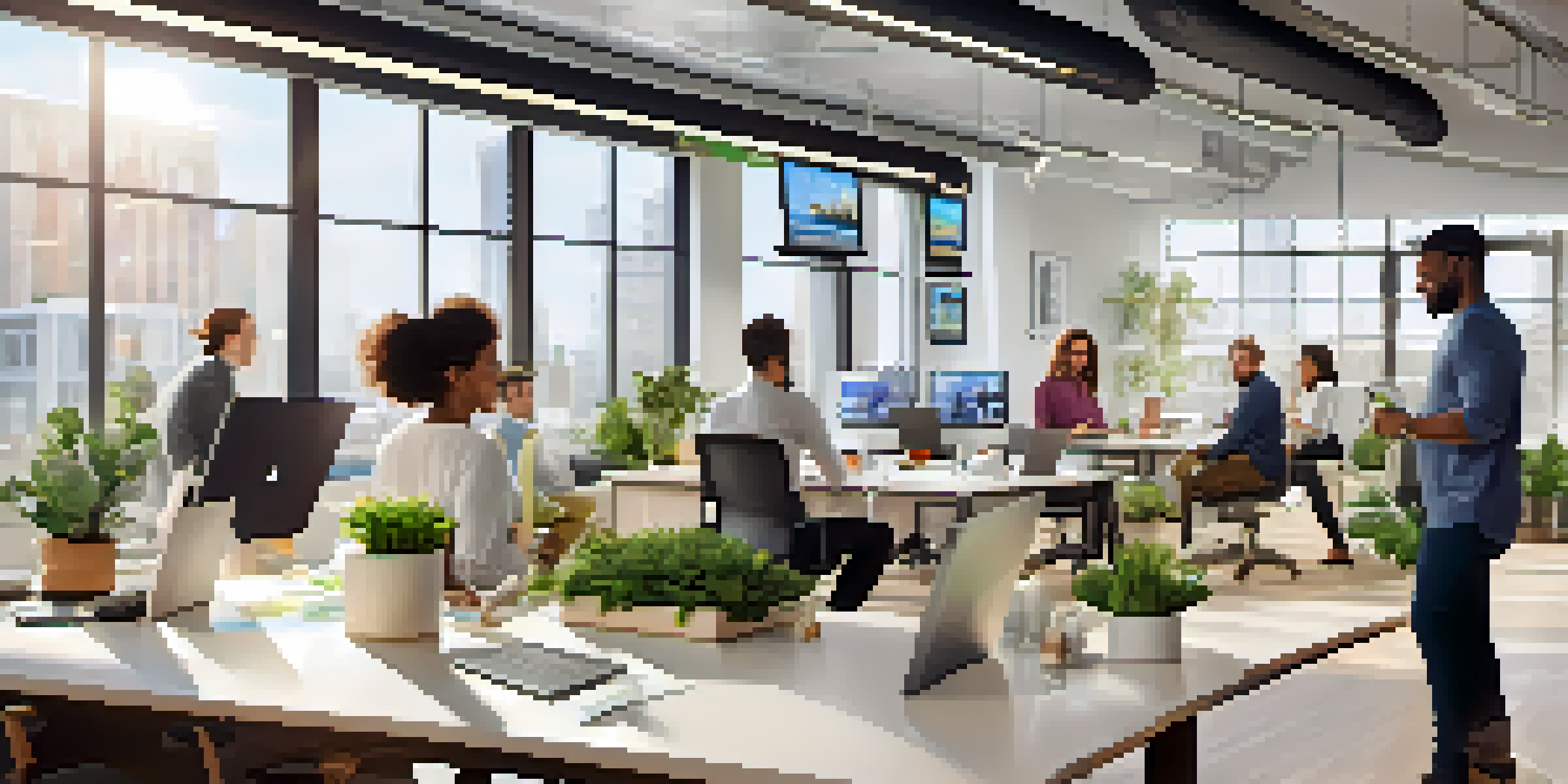 A diverse group of employees in a bright office space discussing digital health tools and wellness goals, surrounded by plants and motivational posters.