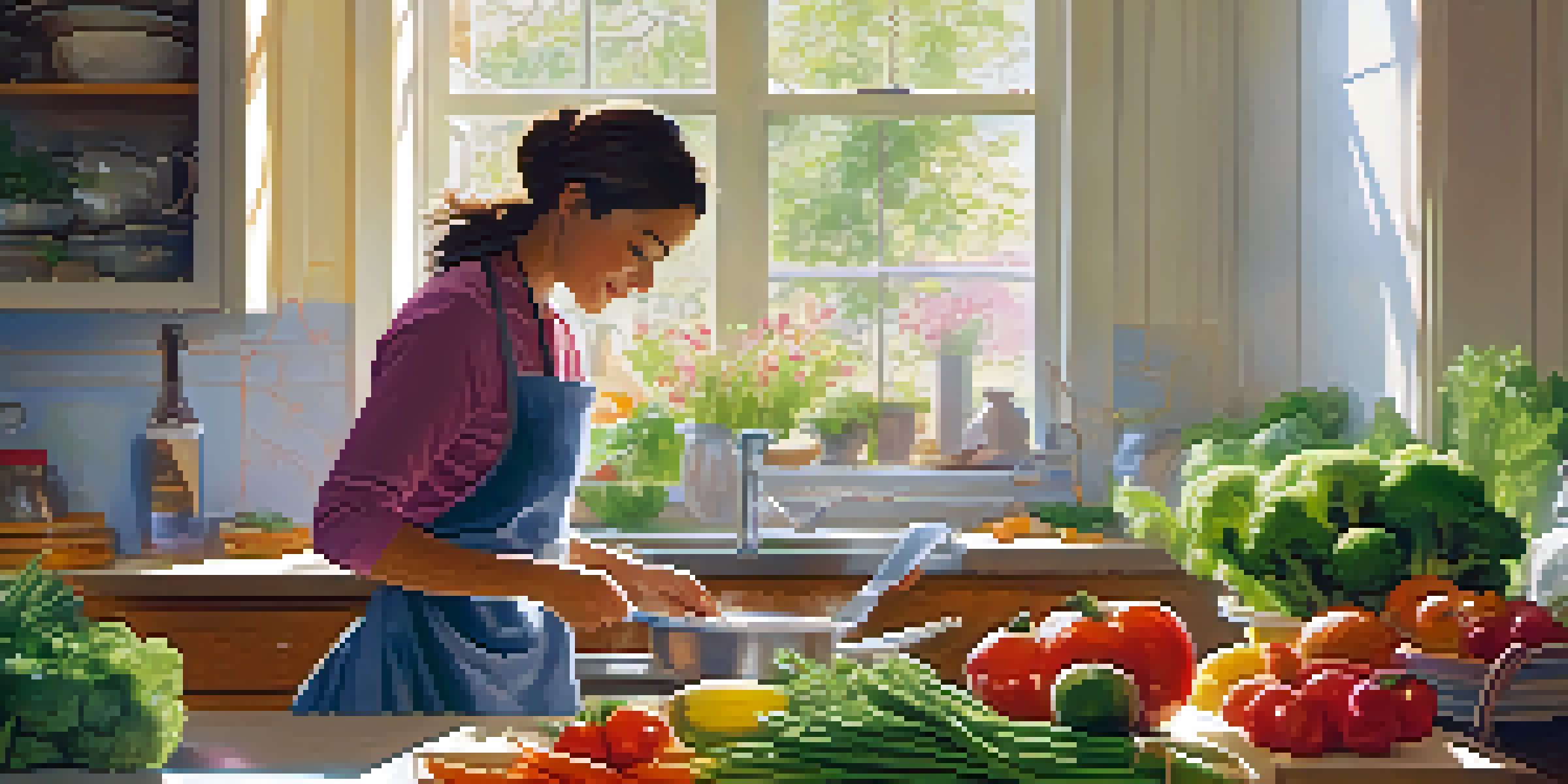 A woman cooking in a bright kitchen filled with fresh vegetables and healthy ingredients, showcasing a positive approach to healthy living.