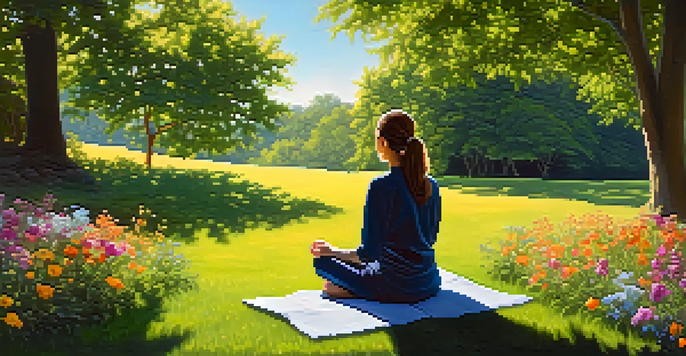 A person meditating outdoors on a green lawn, surrounded by flowers and under a bright sky, with sunlight filtering through trees.