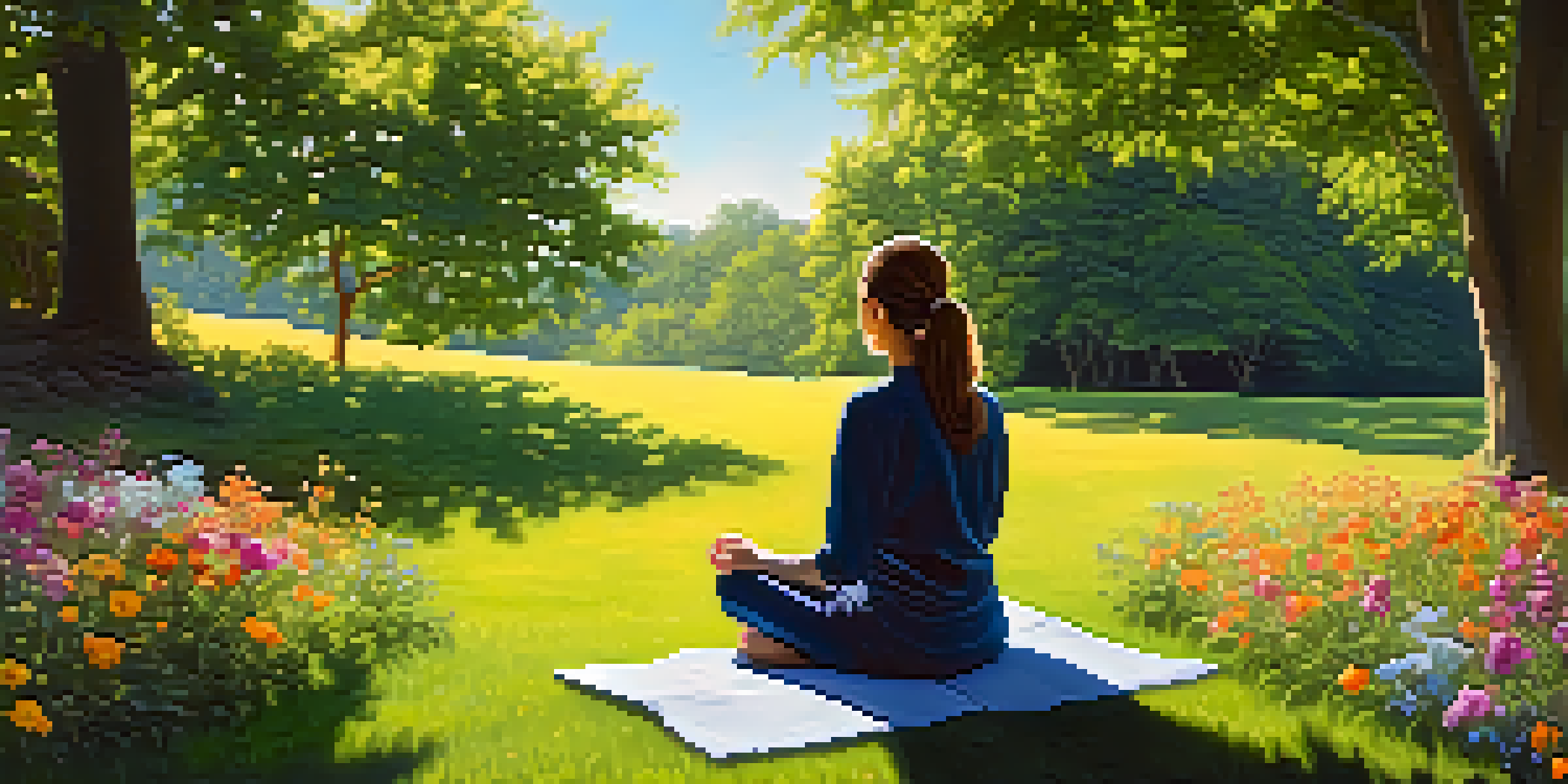 A person meditating outdoors on a green lawn, surrounded by flowers and under a bright sky, with sunlight filtering through trees.