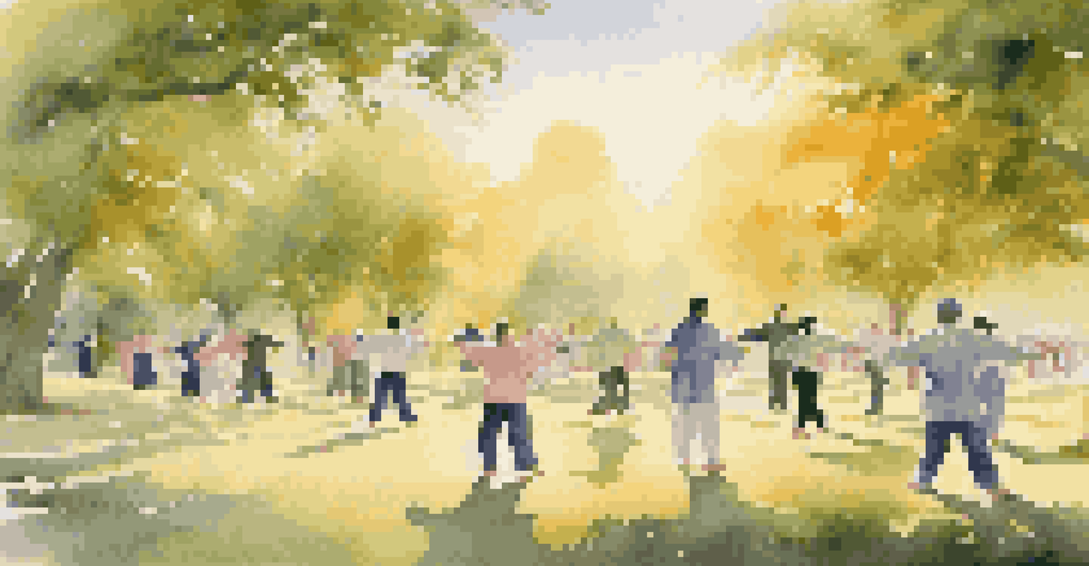 Participants of all ages practicing tai chi outdoors at sunrise in a lush park, surrounded by flowers and trees.