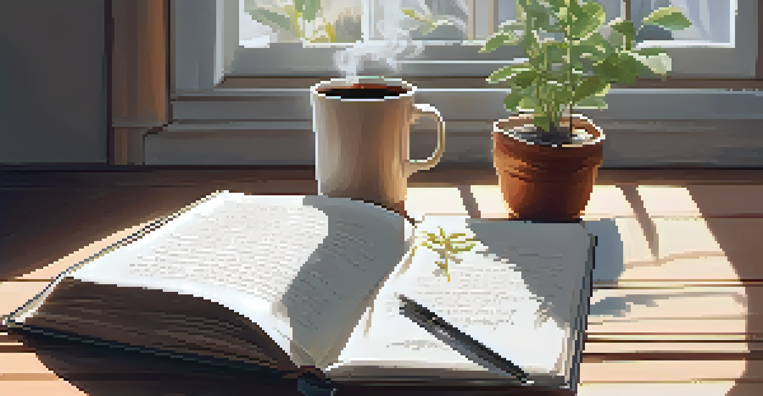 A cozy workspace with a wooden desk, an open journal, a cup of herbal tea, and a potted plant under soft natural light.
