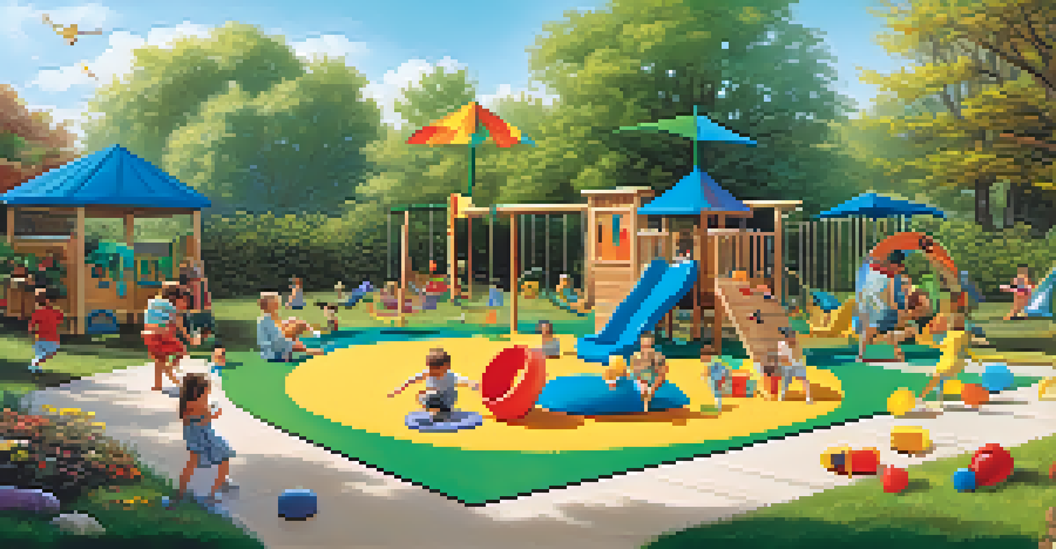A safe and colorful backyard play area with children playing on soft mats and toys, under a clear blue sky.