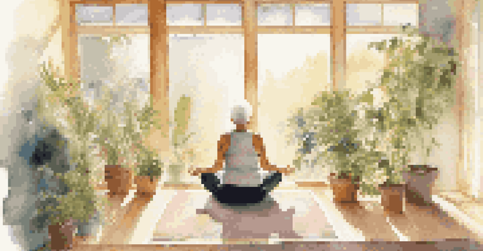 An older adult sitting cross-legged on a yoga mat, practicing mindful breathing in a sunlit room filled with plants and soft colors.