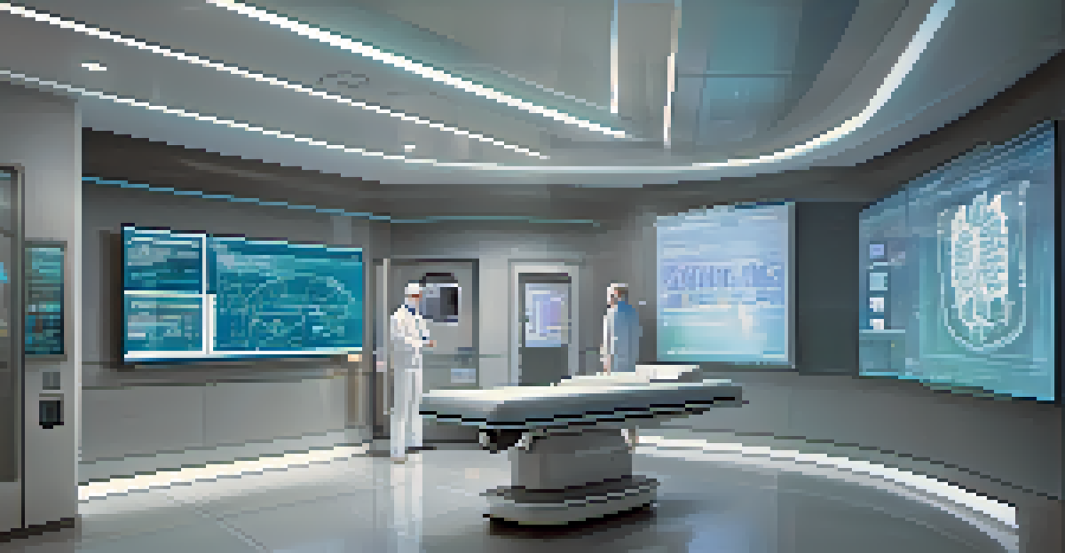 A futuristic clinic with AI analyzing patient data on a holographic display, showcasing advanced technology in healthcare.