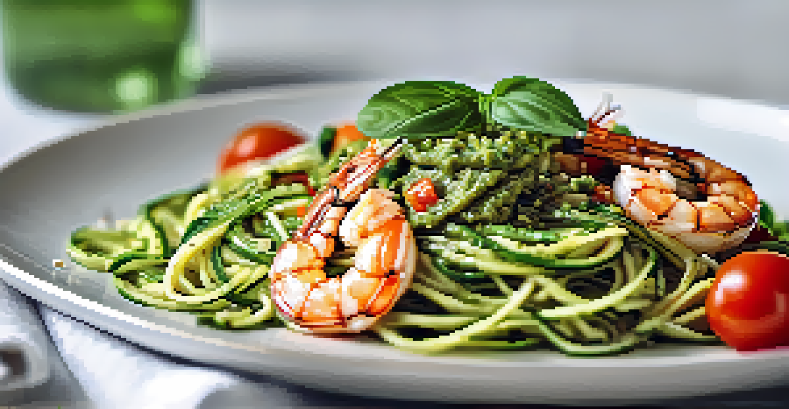 A bowl of zucchini noodles with pesto, cherry tomatoes, and grilled shrimp on a white plate.