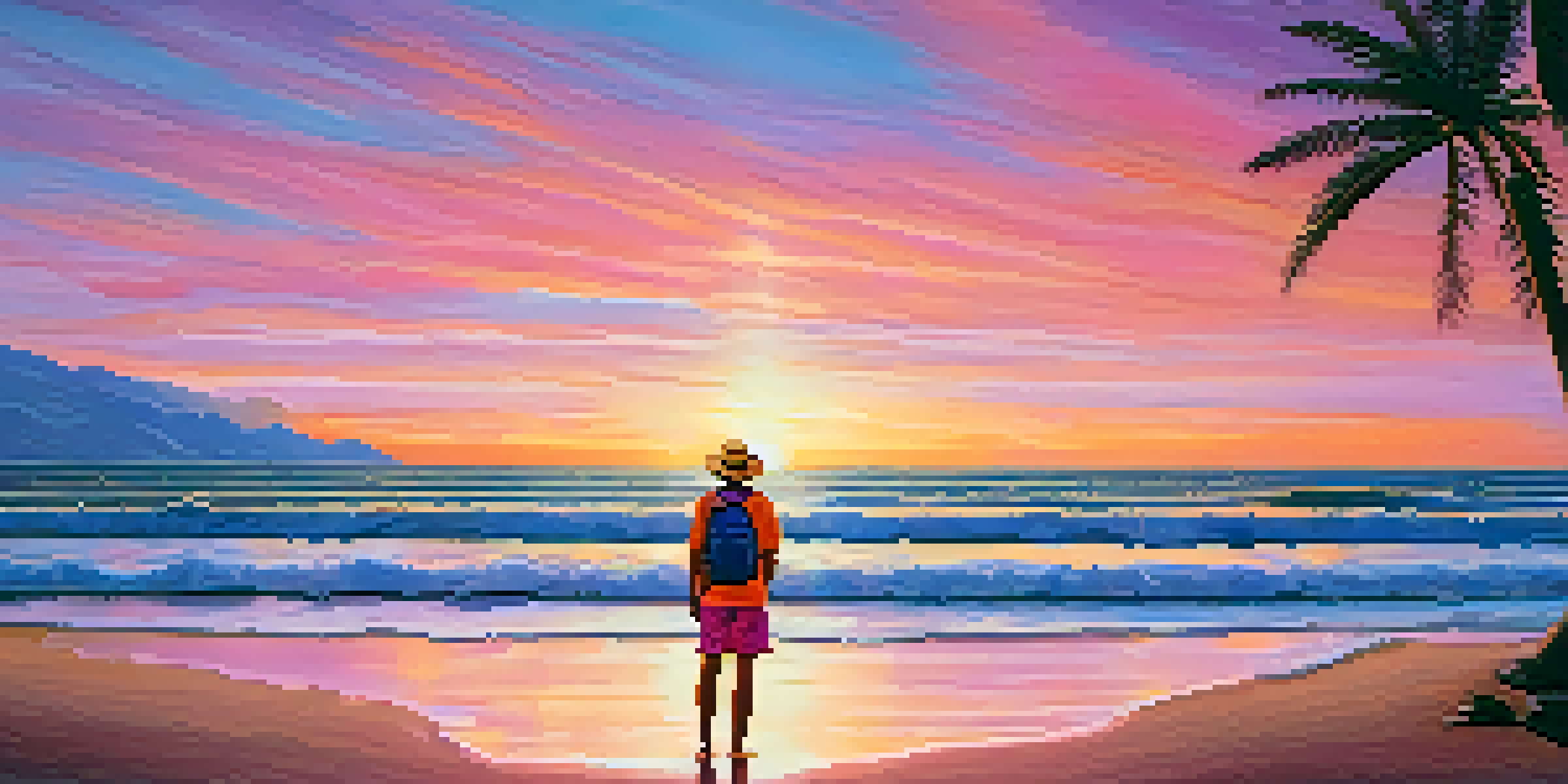 A solo traveler standing on a tropical beach at sunset, gazing at the ocean, with vibrant colors in the sky and palm trees in the foreground.