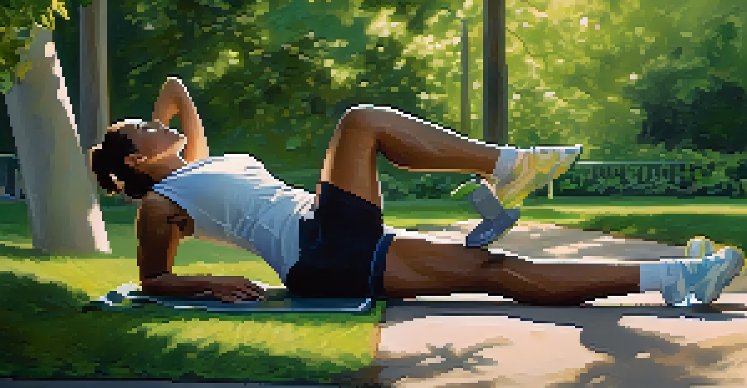 An athlete stretching after a workout in a peaceful park, with a water bottle and a magnesium supplement beside them, surrounded by greenery.