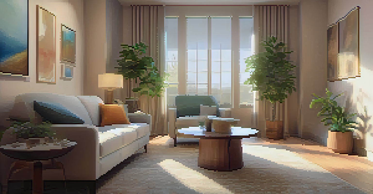 A cozy therapy room with a therapist and client engaged in conversation, featuring soft lighting and calming decor.