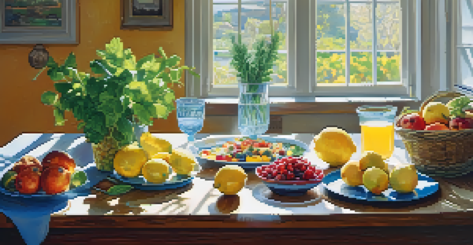 A kitchen table with fresh fruits and vegetables, symbolizing healthy nutrition.